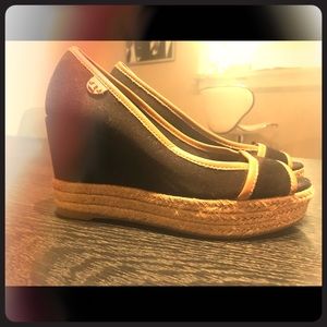 TORY BURCH CANVAS AND LEATHER WEDGE ESPADRILLE!